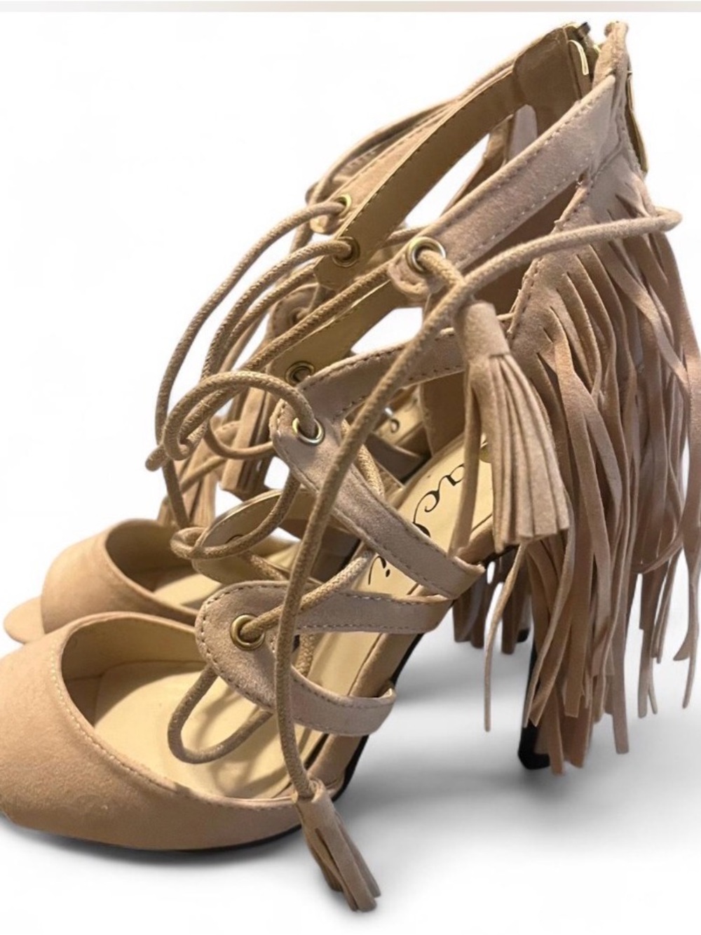 Fringe Lace-Up Heels in‎ Blush Taupe